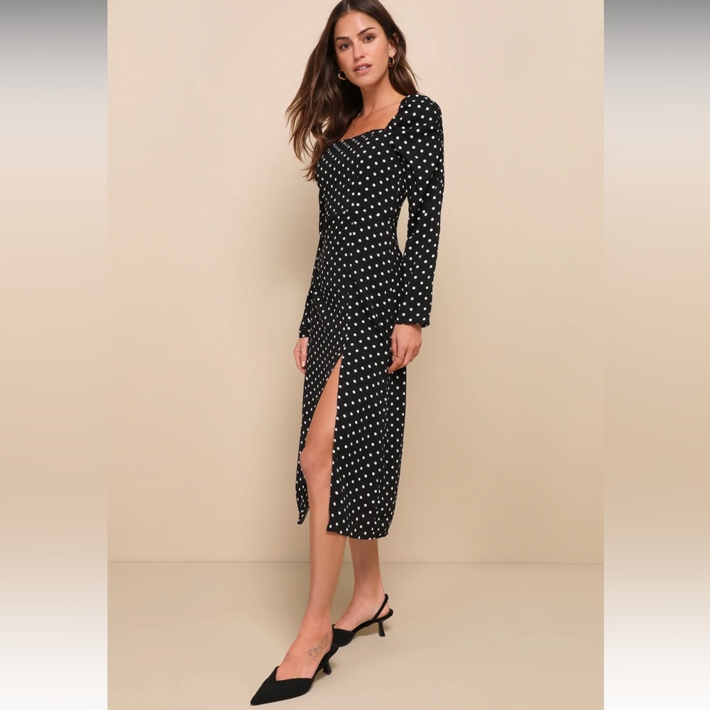 Long sleeve polka dot dress with slit
